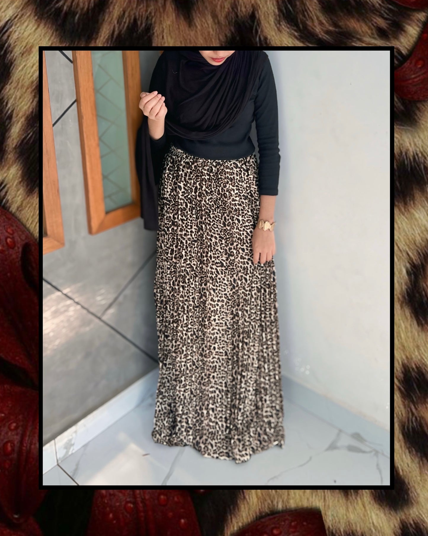Modest Top & Leopard Flow Maxi Skirt Set
