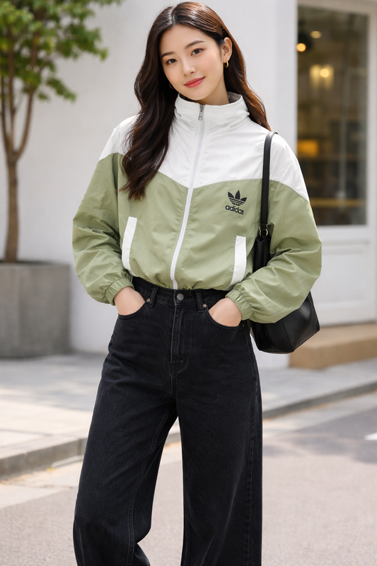 Women’s Olive Green & White Color Block Zip-Up Windbreaker Jacket | Full Sleeve Lightweight Casual Jacket