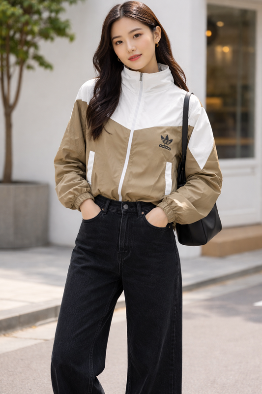 Women’s Khaki & White Color Block Zip-Up Windbreaker Jacket | Full Sleeve Lightweight Casual Jacket