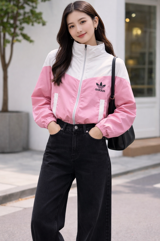 Women’s Pink Color Block High Neck Zip Front Jacket | Lightweight Casual Outerwear